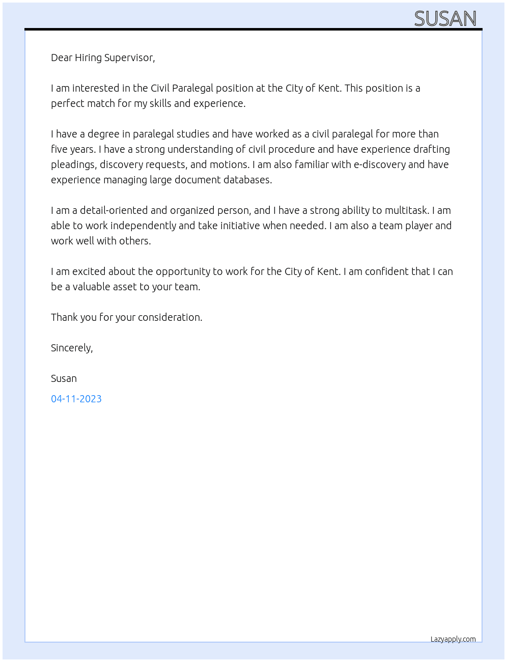 Civil Paralegal At City of Kent Cover Letter