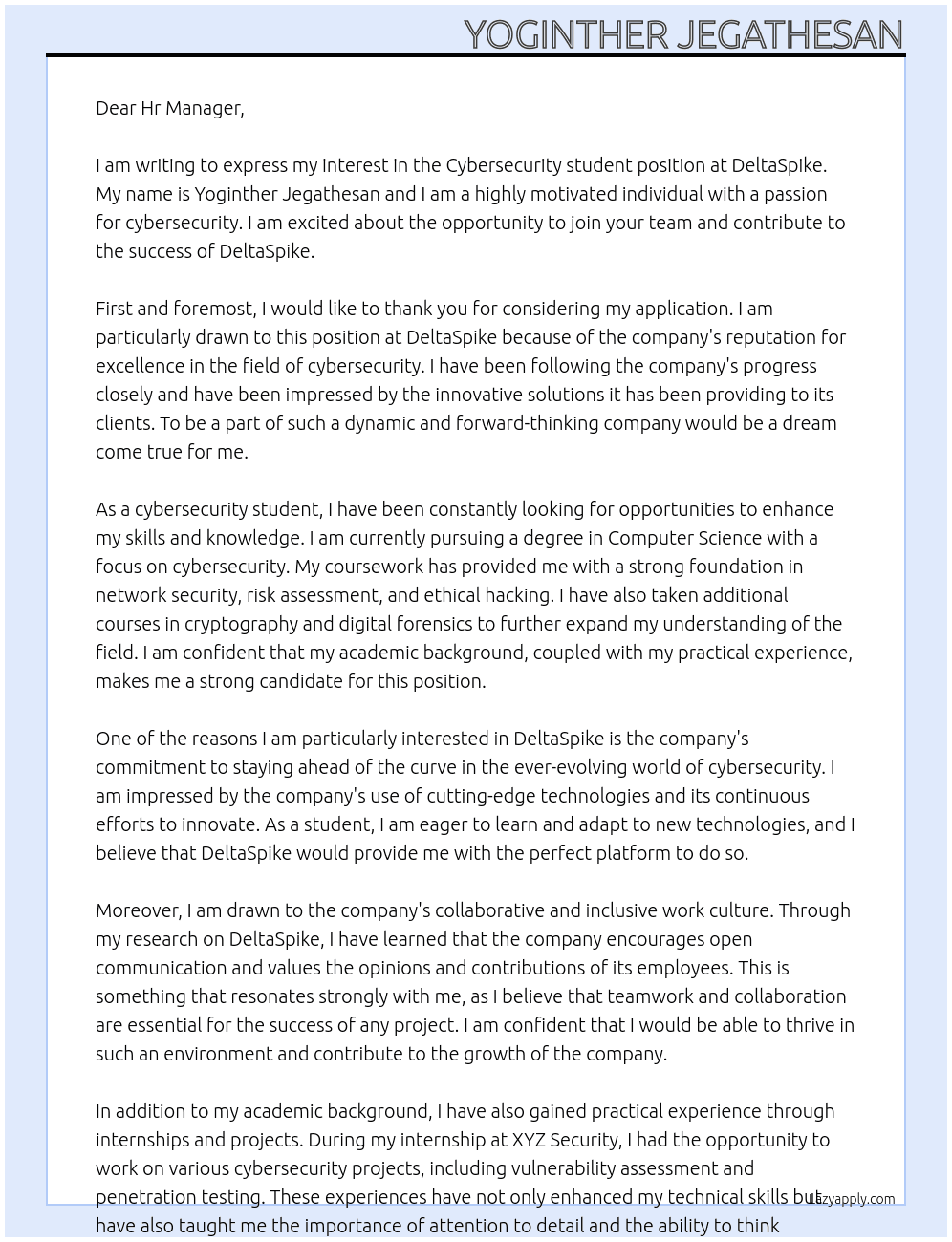 Cybersecurity student At DeltaSpike Cover Letter