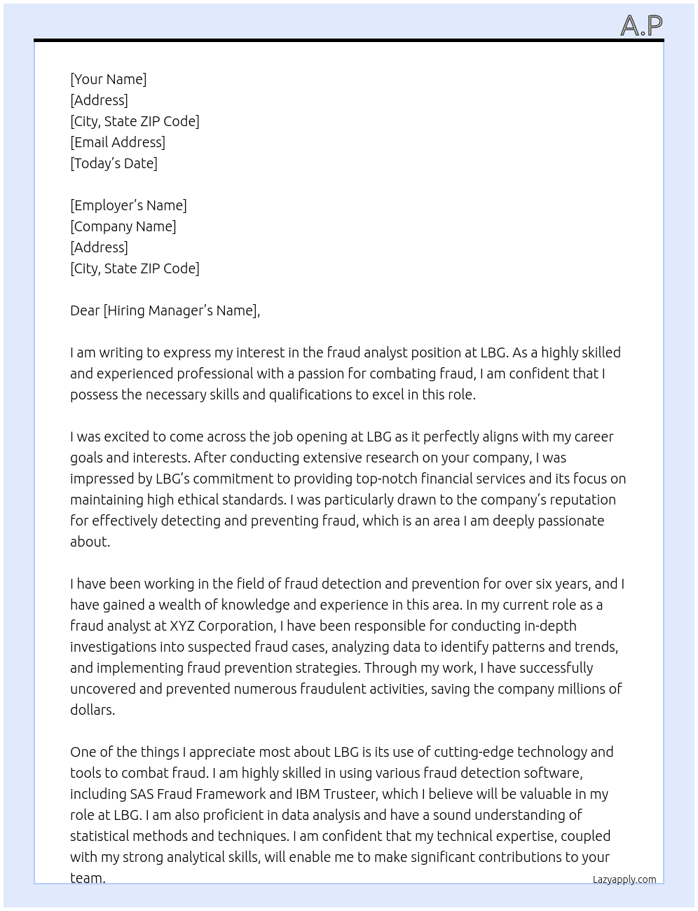 fraud analyst  At lbg Cover Letter
