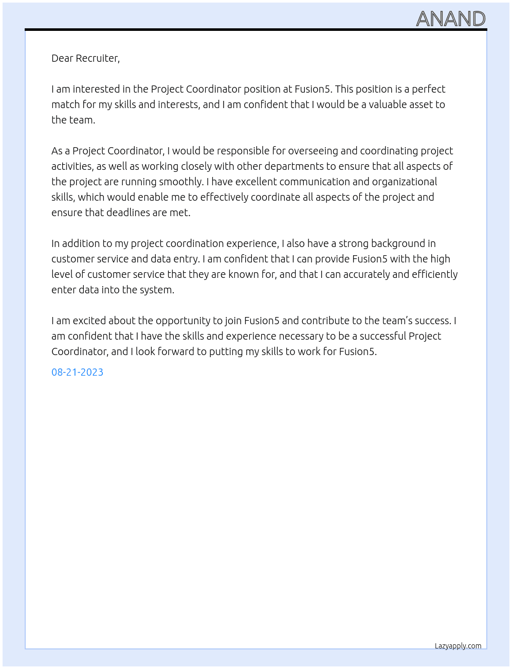 Project Coordinator At Fusion5 Cover Letter