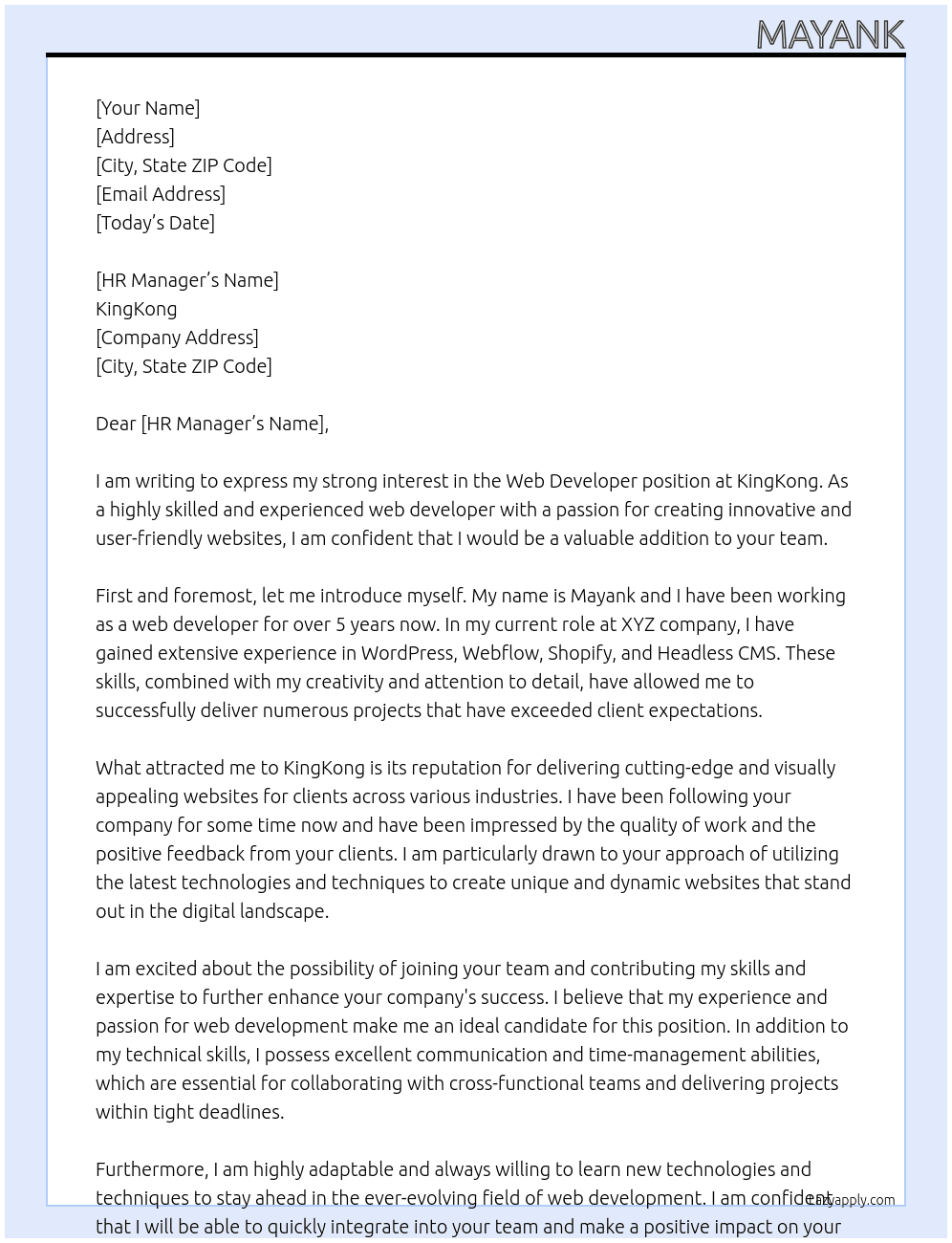Web developer At KingKong Cover Letter