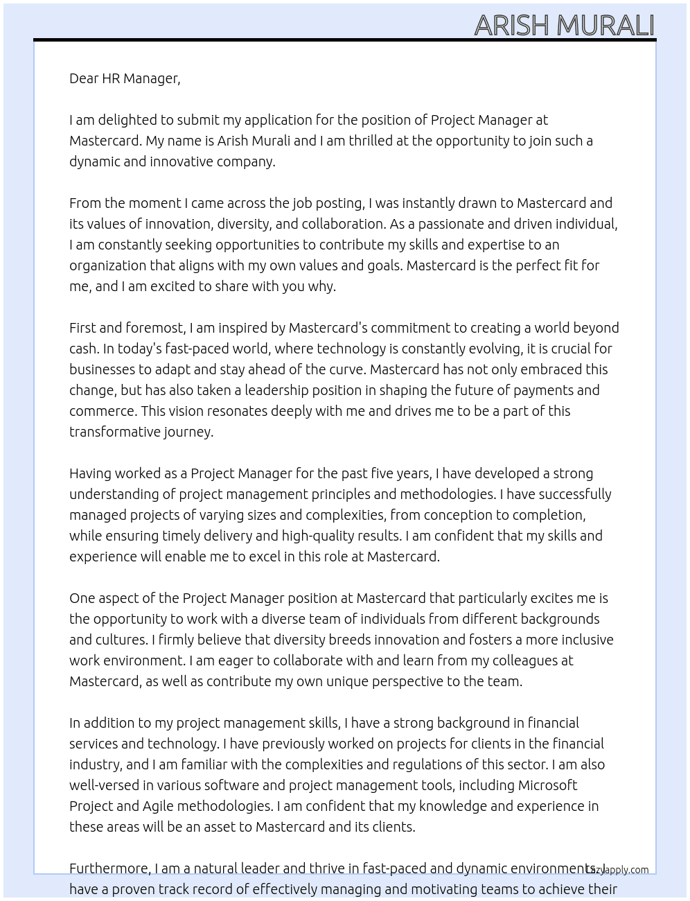 Project Manager At master card Cover Letter