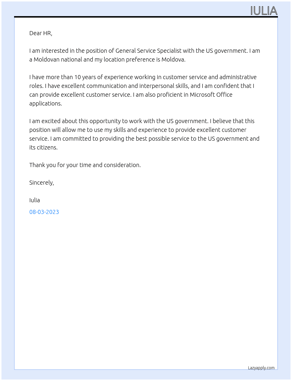 General Service Specialiat At US Goverment Cover Letter