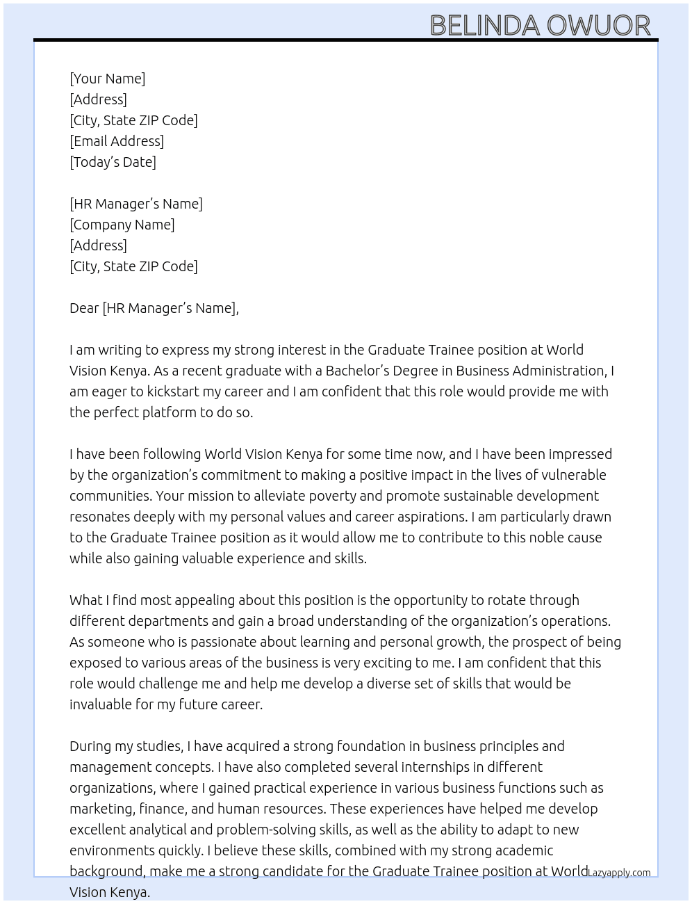 Gràduate trainee At World vision ke Cover Letter