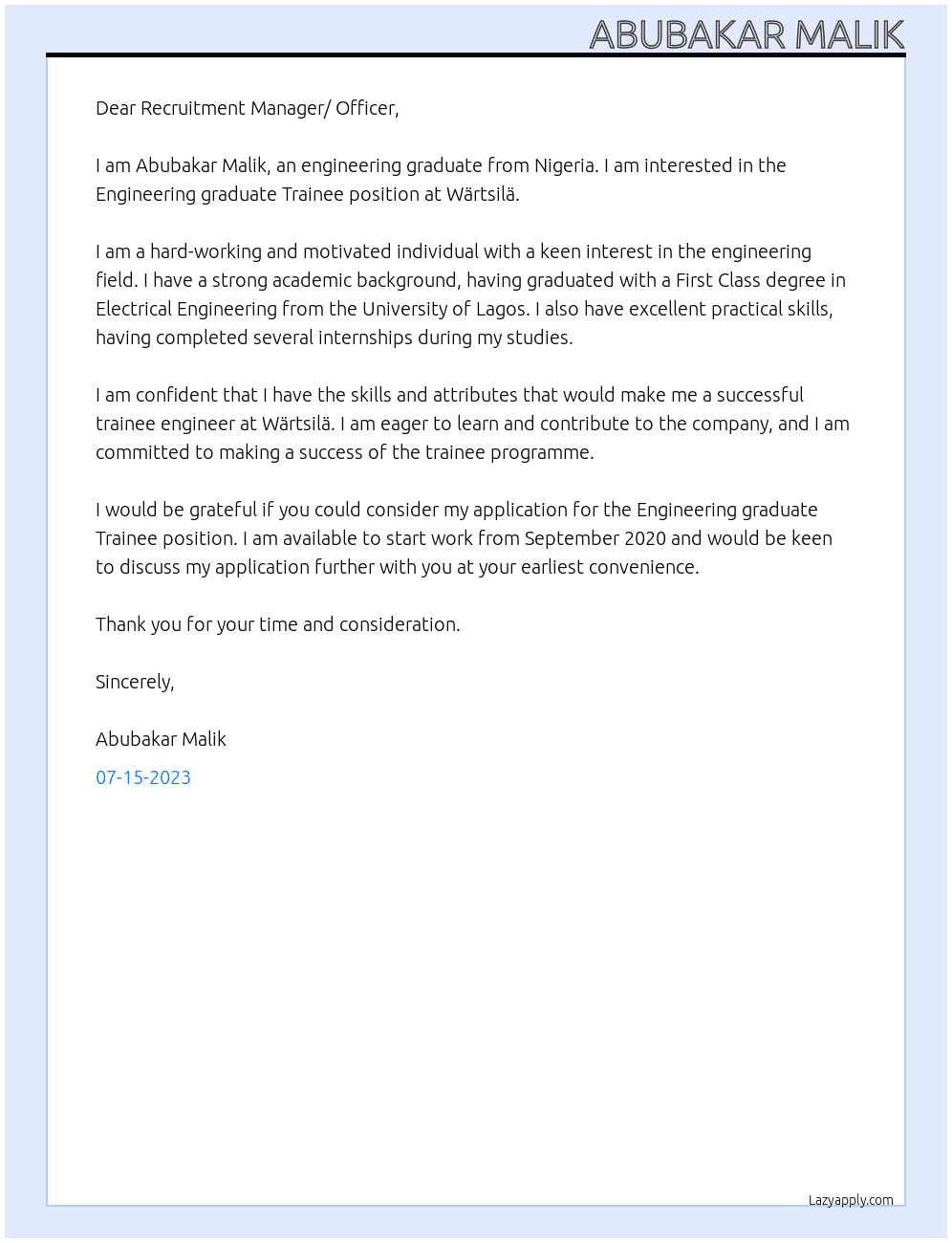 Engineering graduate Trainee  At Wärtsilä Cover Letter