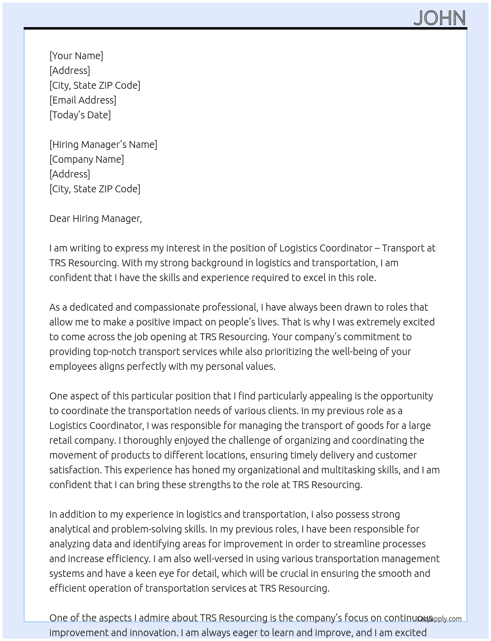 Logistics Coordinator - Transport At TRS Resourcing Cover Letter