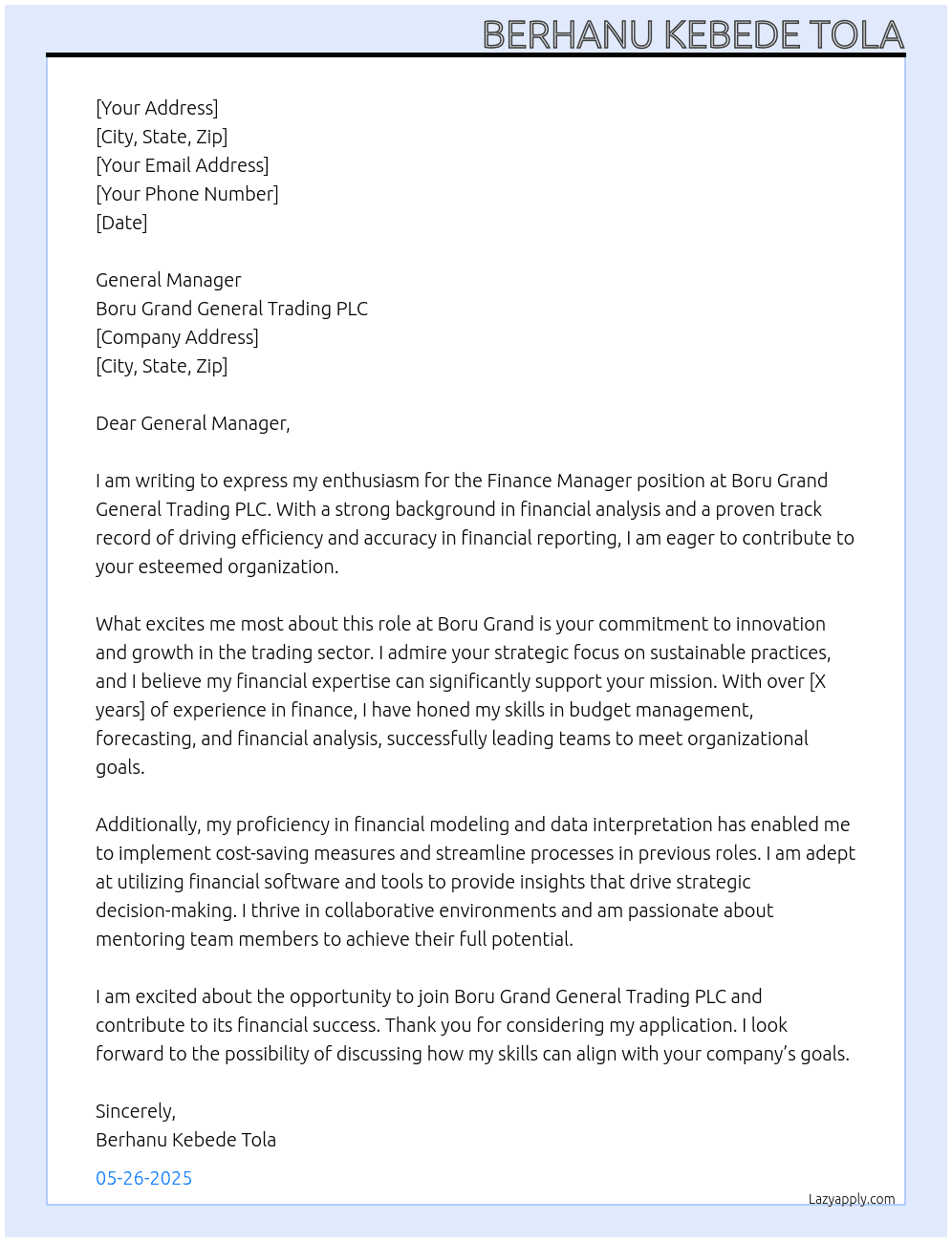 Finance Manager At Boru Grand General Trading PLC Cover Letter