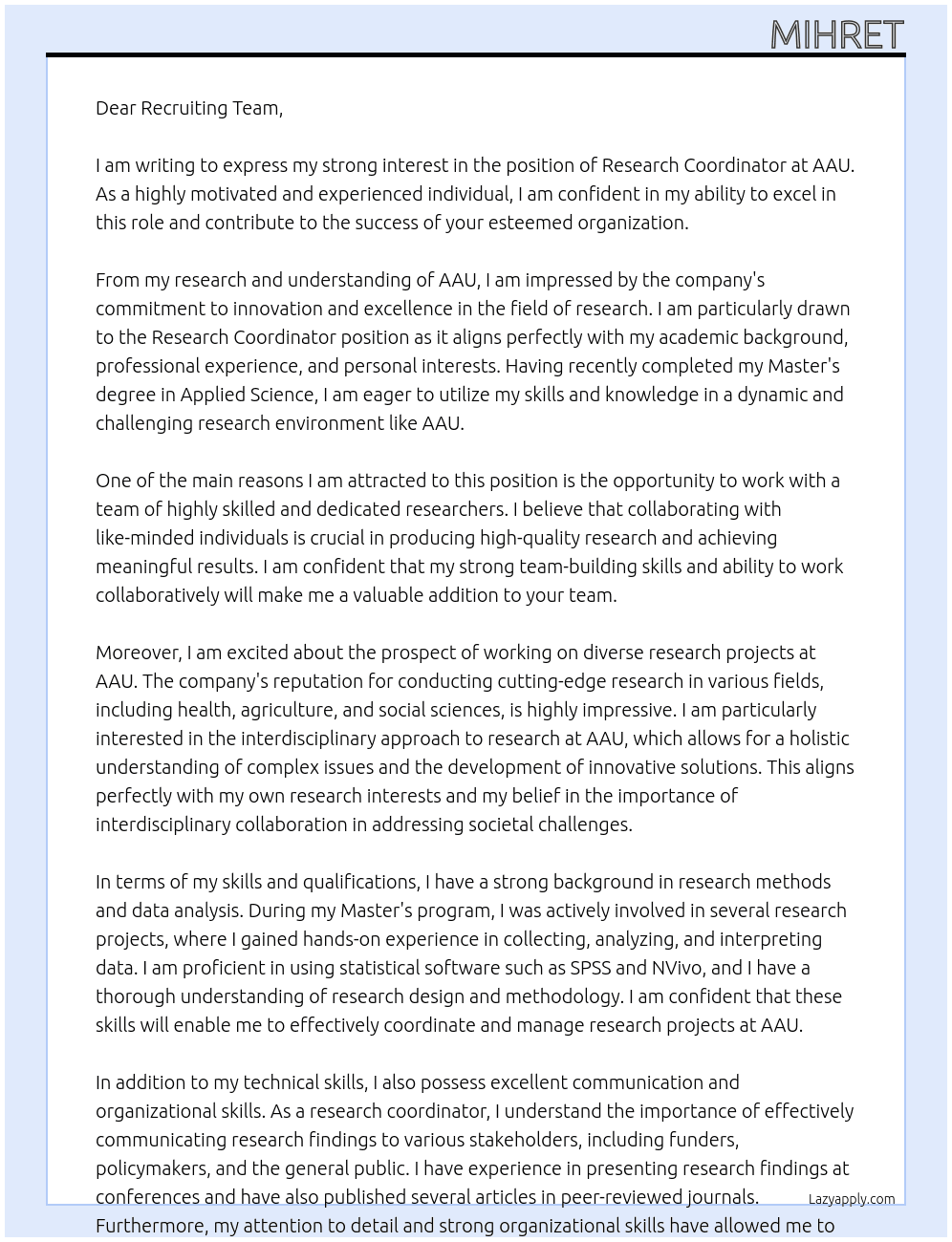 research co-ordinator At AAU Cover Letter