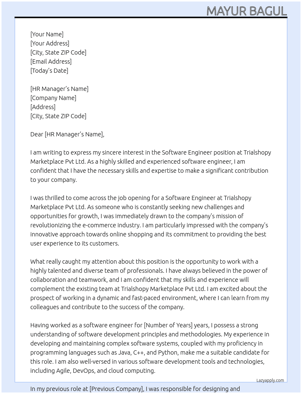 Software Engineer At Trialshopy Marketplace Pvt Ltd Cover Letter