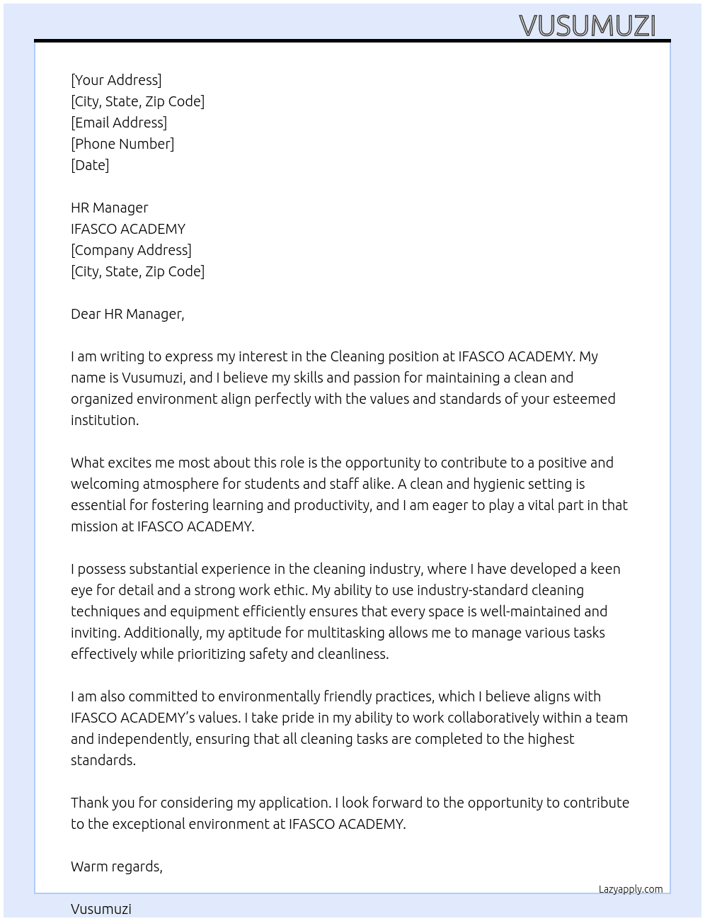 Cleaning  At IFASCO ACADEMY  Cover Letter