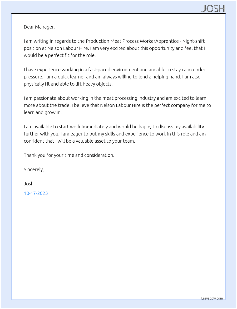 Production Meat Process WorkerApprentice - Night-shift At Nelson Labour Hire Cover Letter