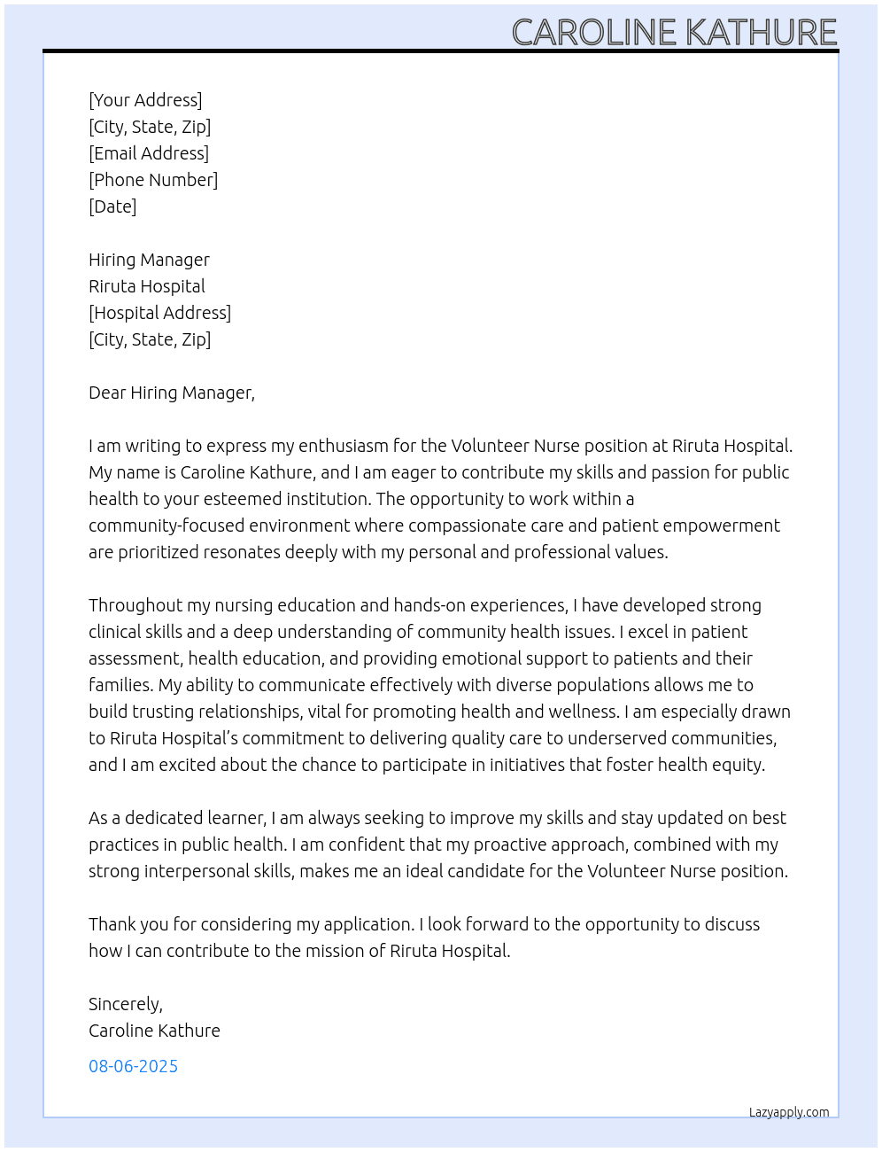 volunteer nurse At riruta hospital Cover Letter