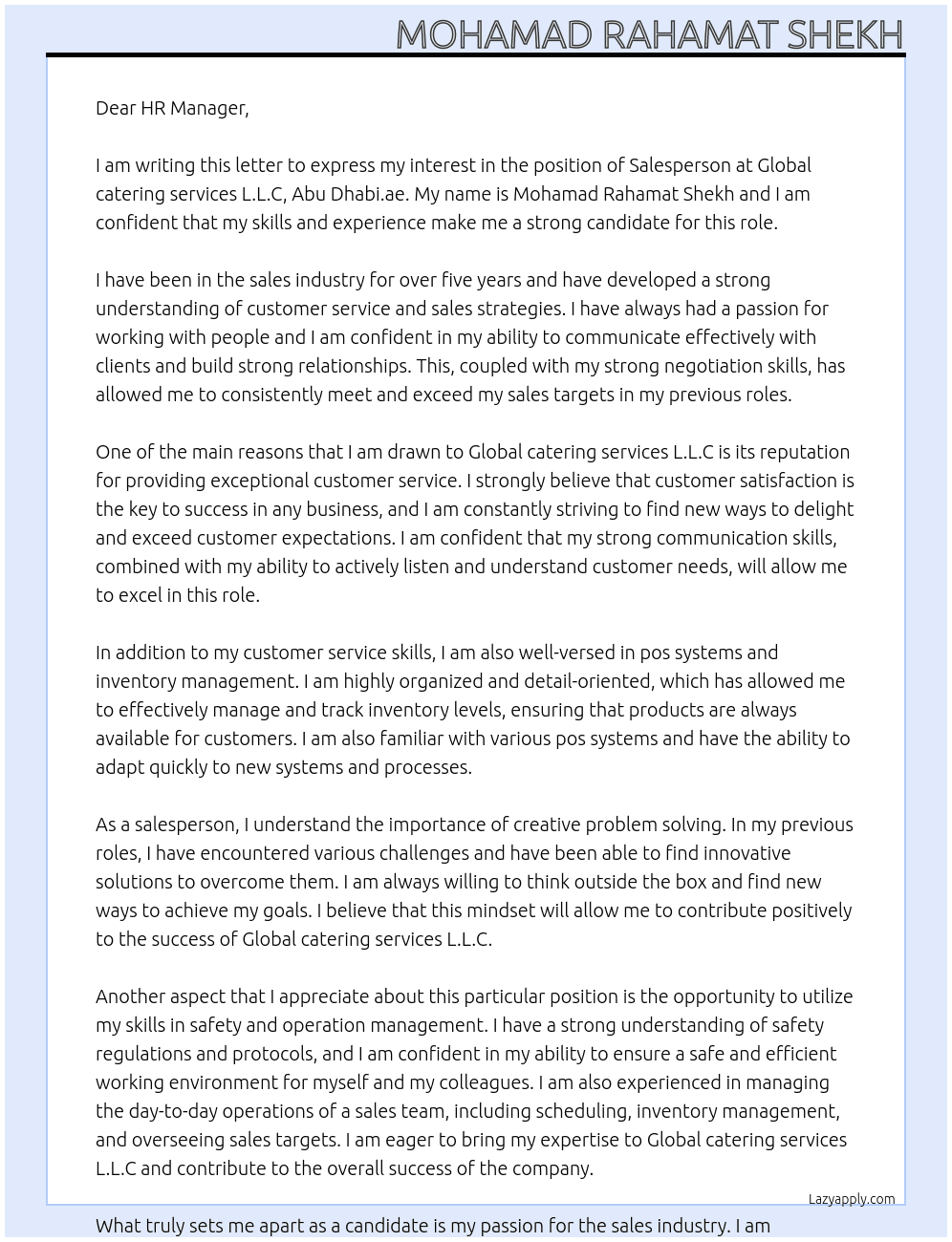 Salesperson  At Global catering services L.L.C- Abu Dhabi.ae Cover Letter