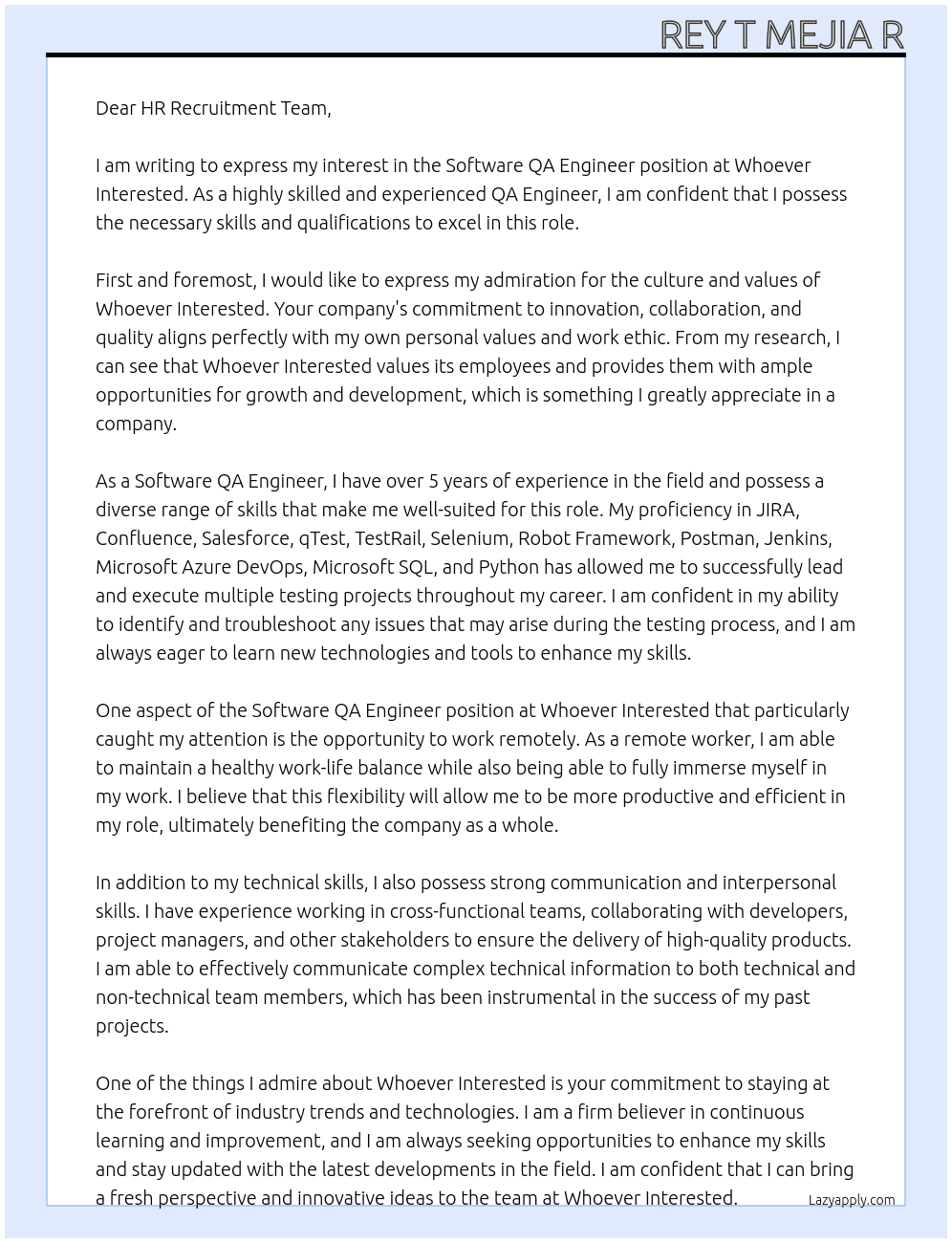 Software QA Engineer At Whoever Interested Cover Letter