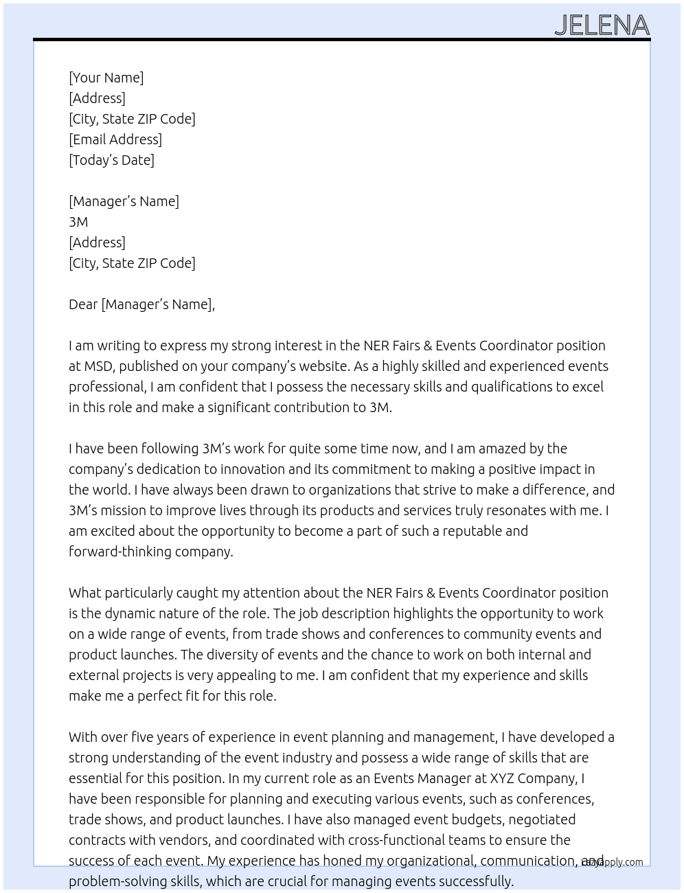 NER Fairs & Events Coordinator MSD At 3M Cover Letter