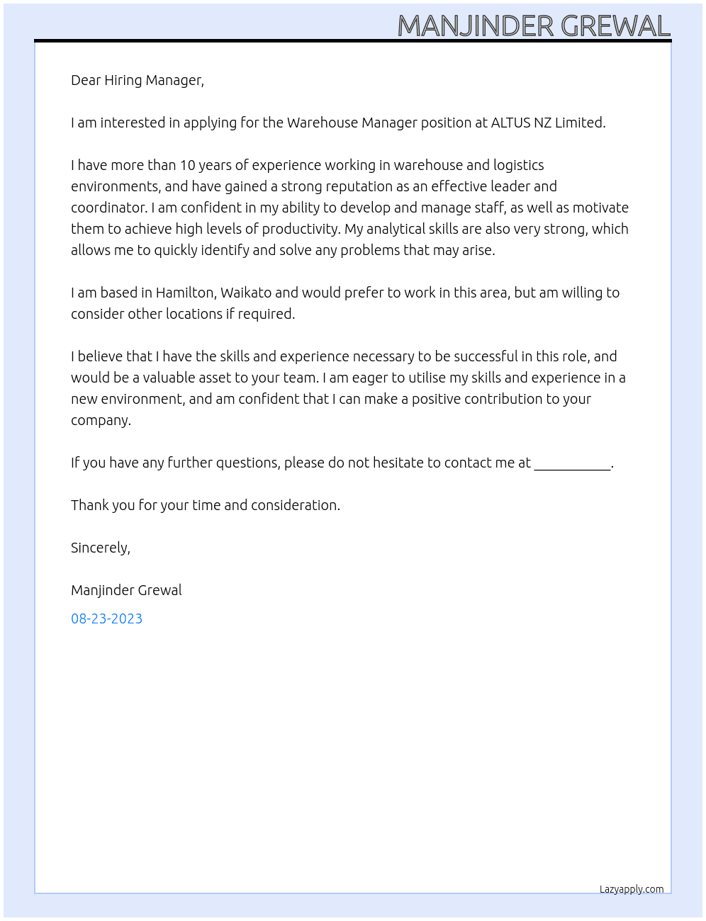 Warehouse Manager At ALTUS NZ Limited  Cover Letter