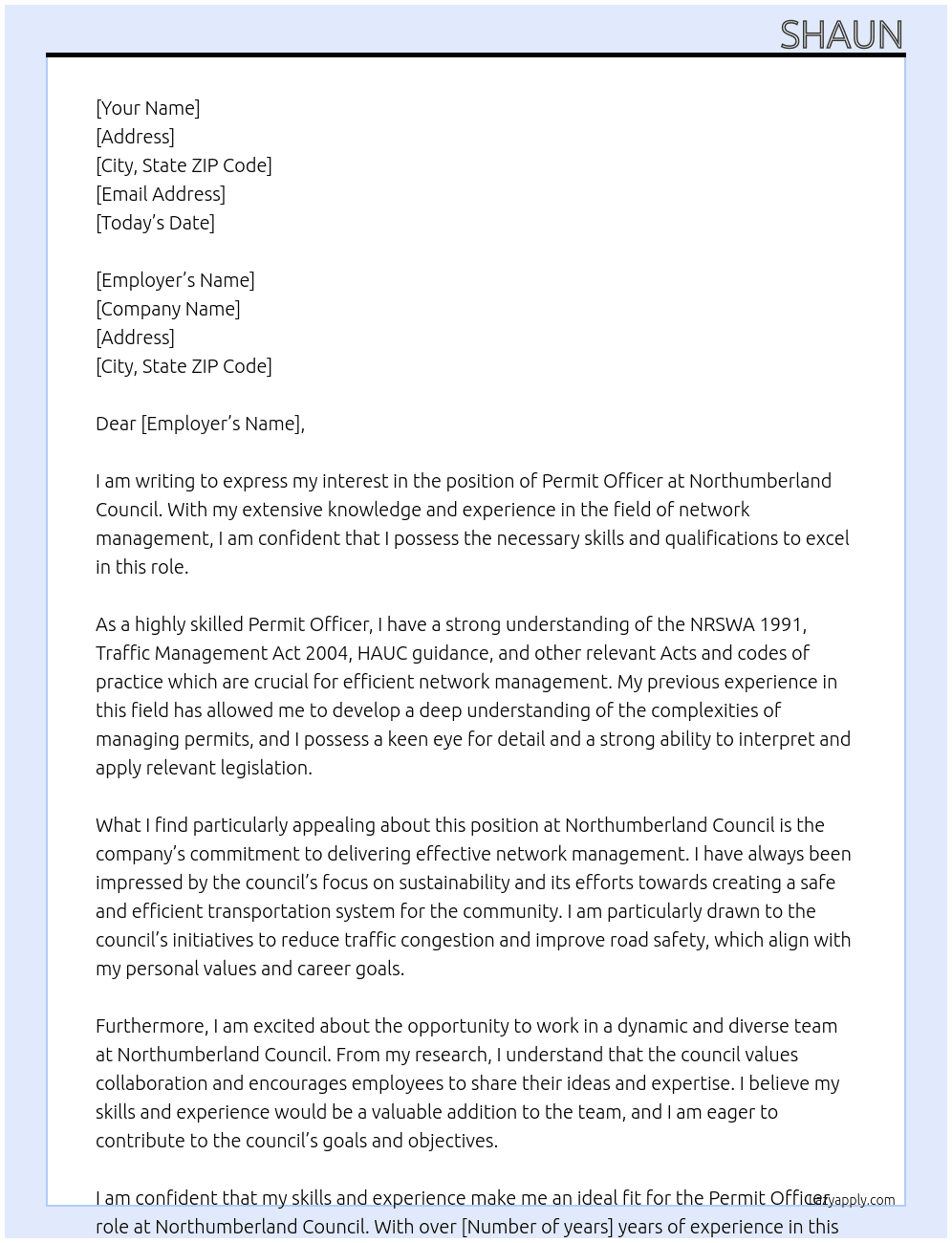 Permit Officer At northumberland council Cover Letter