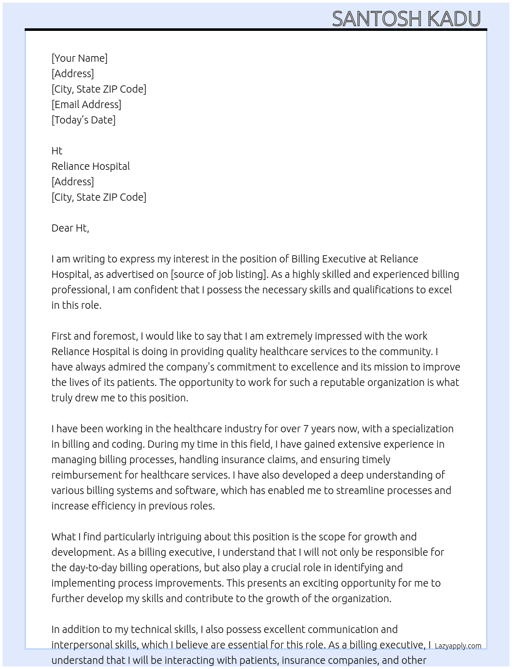 Billing executive  At Reliance Hospital  Cover Letter
