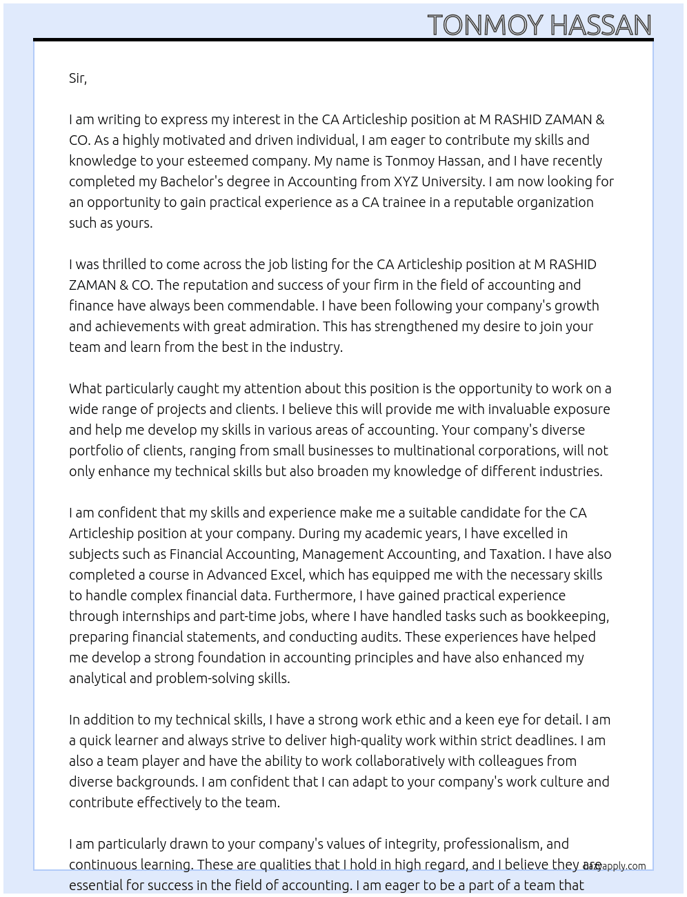 CA Articleship At M RASHID ZAMAN & CO. Cover Letter