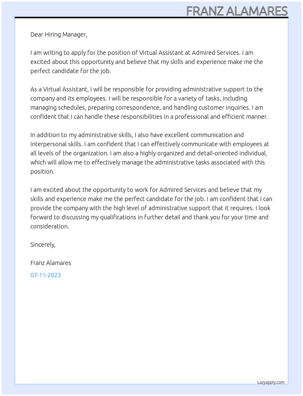 Virtual Assistant At Admired Services Cover Letter