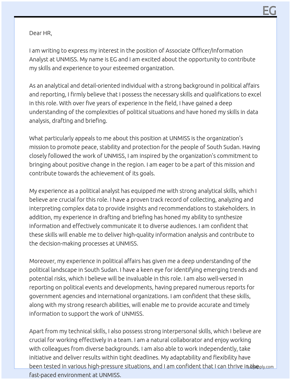 Associate Officer / Information Analyst At UNMISS Cover Letter