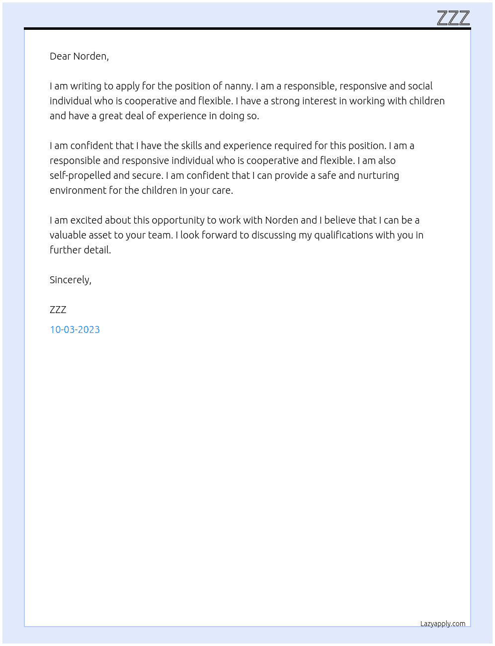 nanny At Norden Cover Letter