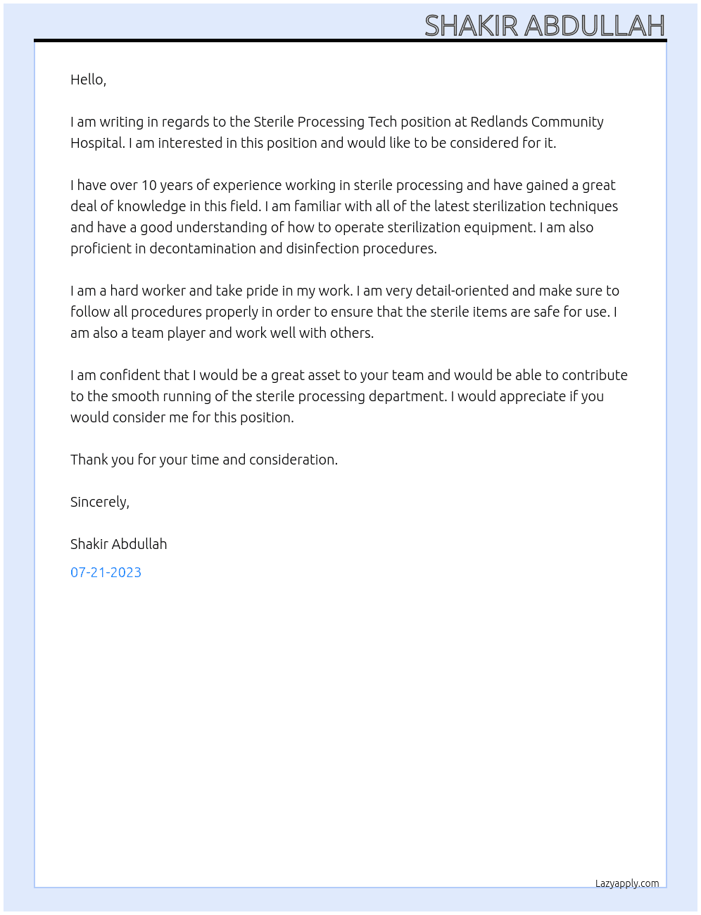 Sterile Processing Tech At Redlands Community Hospital Cover Letter