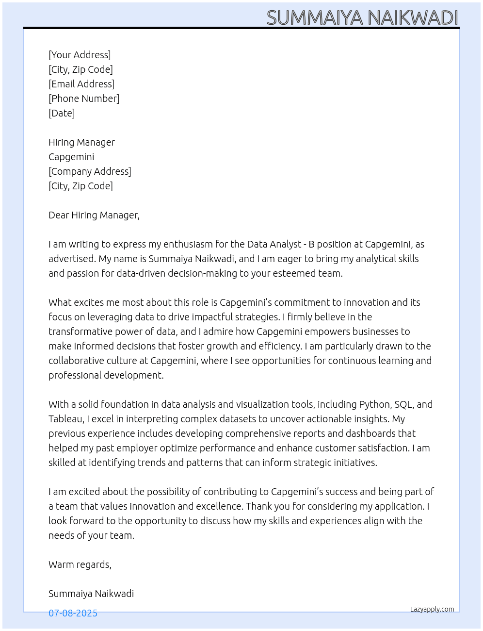 Data Analyst - B At  Capgemini Cover Letter