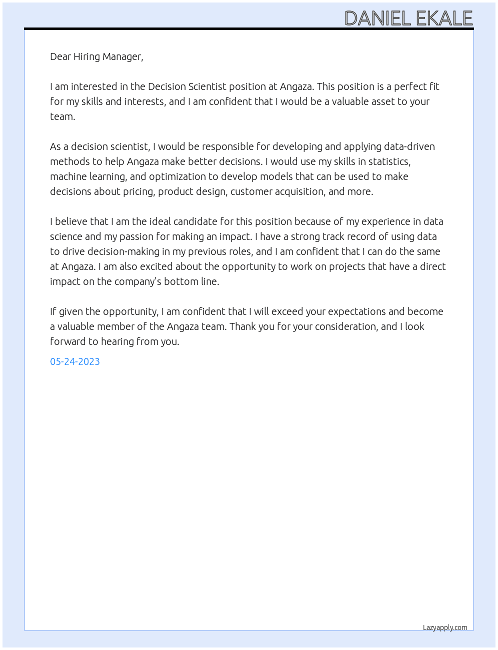 Decision Scientist At Angaza Cover Letter