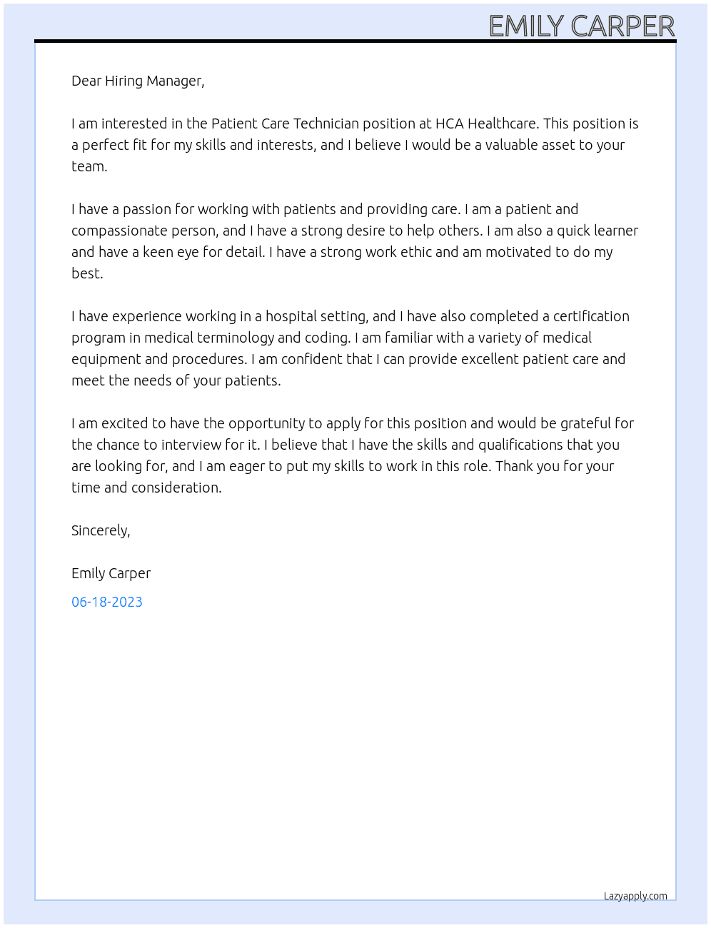 PATIENT CARE TECHNICIAN At HCA Healthcare Cover Letter