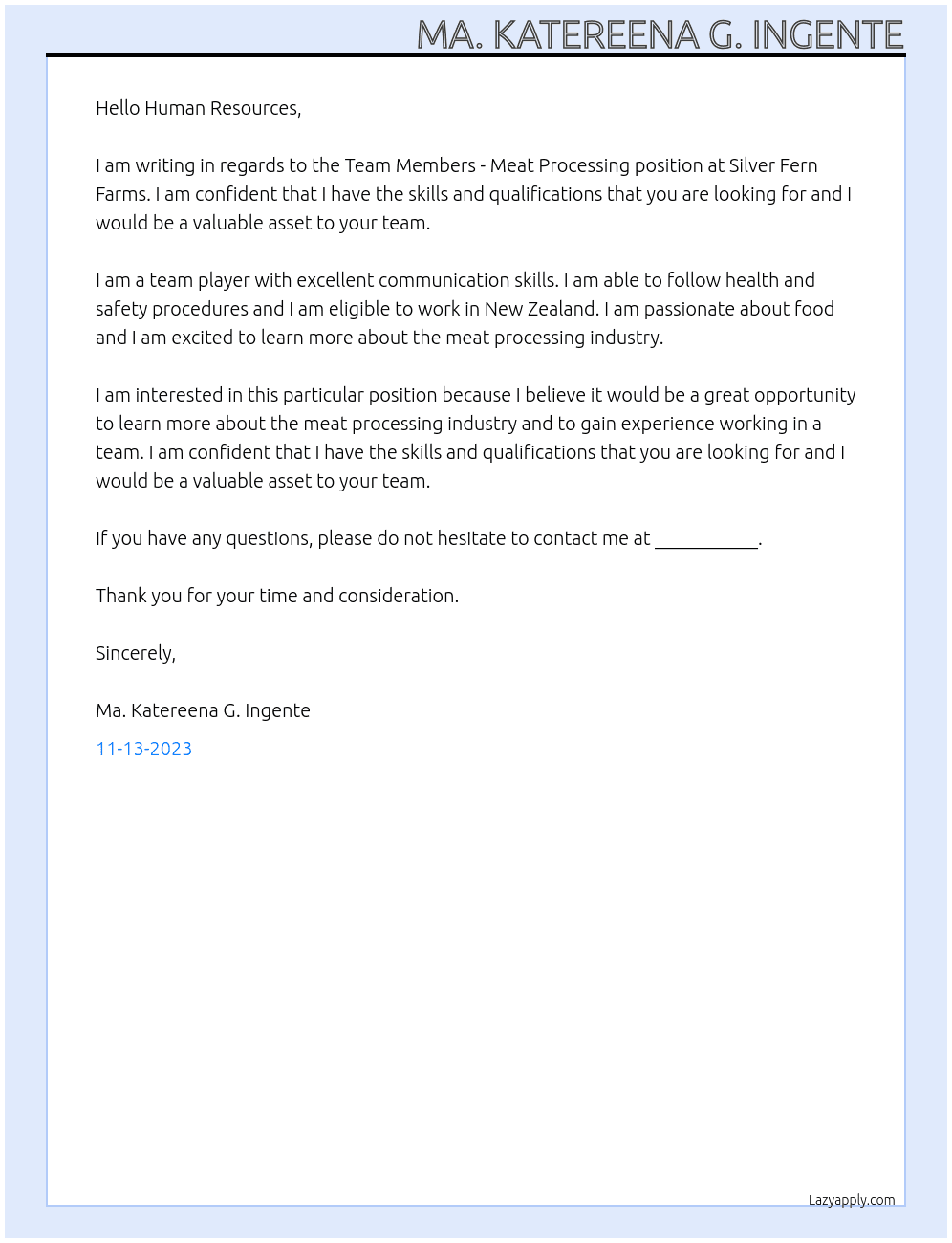 Team Members - Meat Processing At Silver Fern Farms Cover Letter