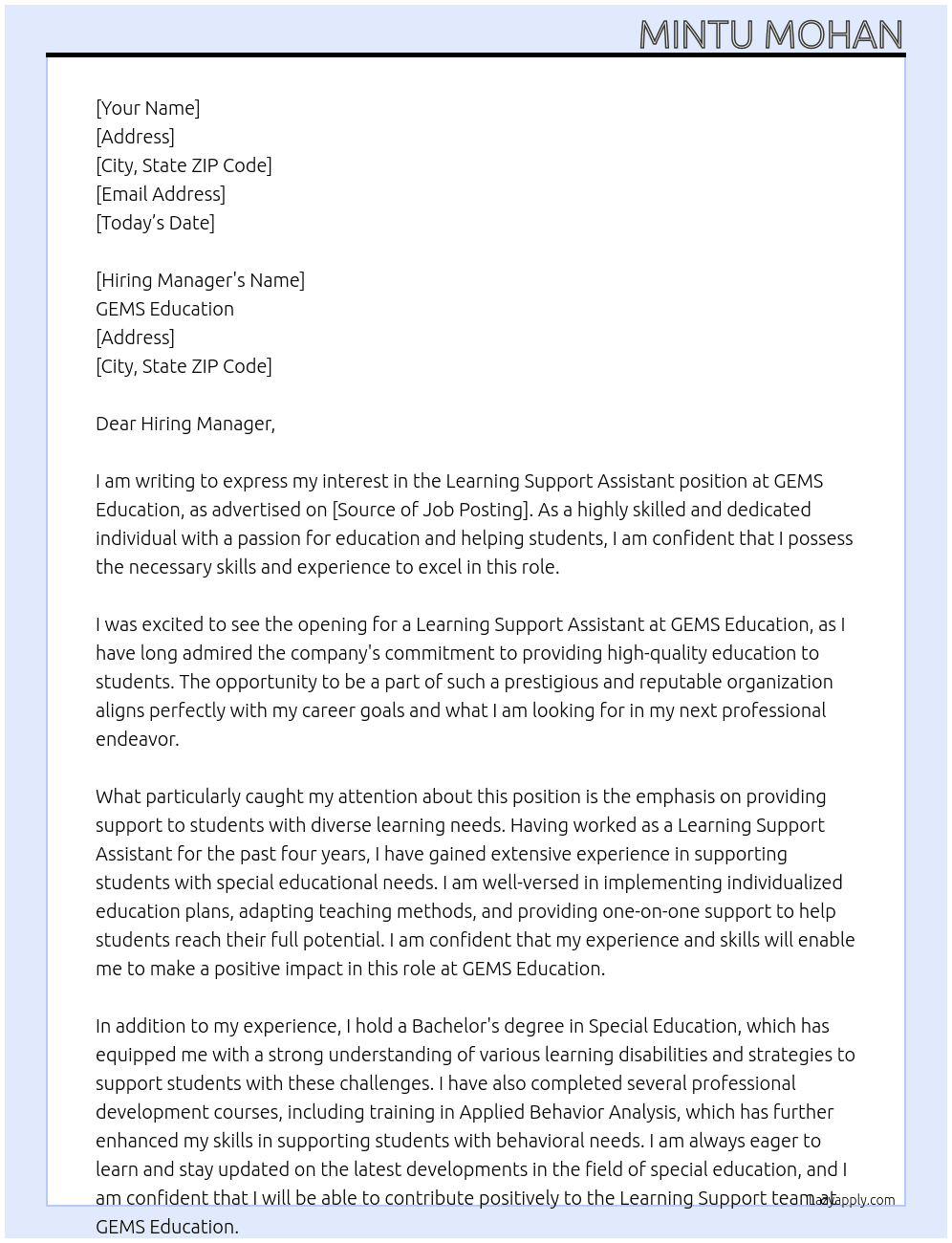 learning support assistant At GEMS Education  Cover Letter