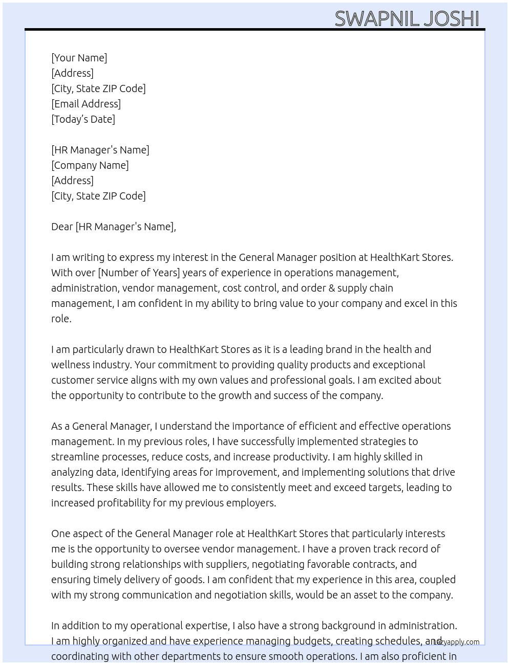 General Manager  At HealthKart Stores Cover Letter