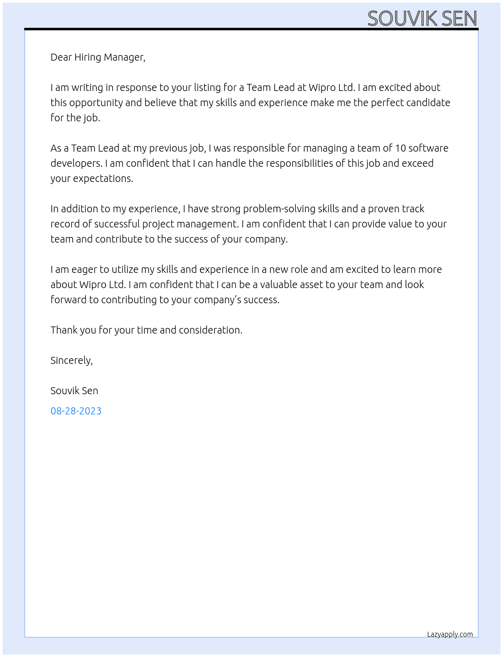 Team Lead At Wipro Ltd Cover Letter