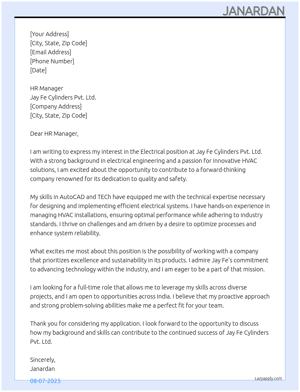 Electrical  At Jay fe cylinders pvt. ltd. Cover Letter