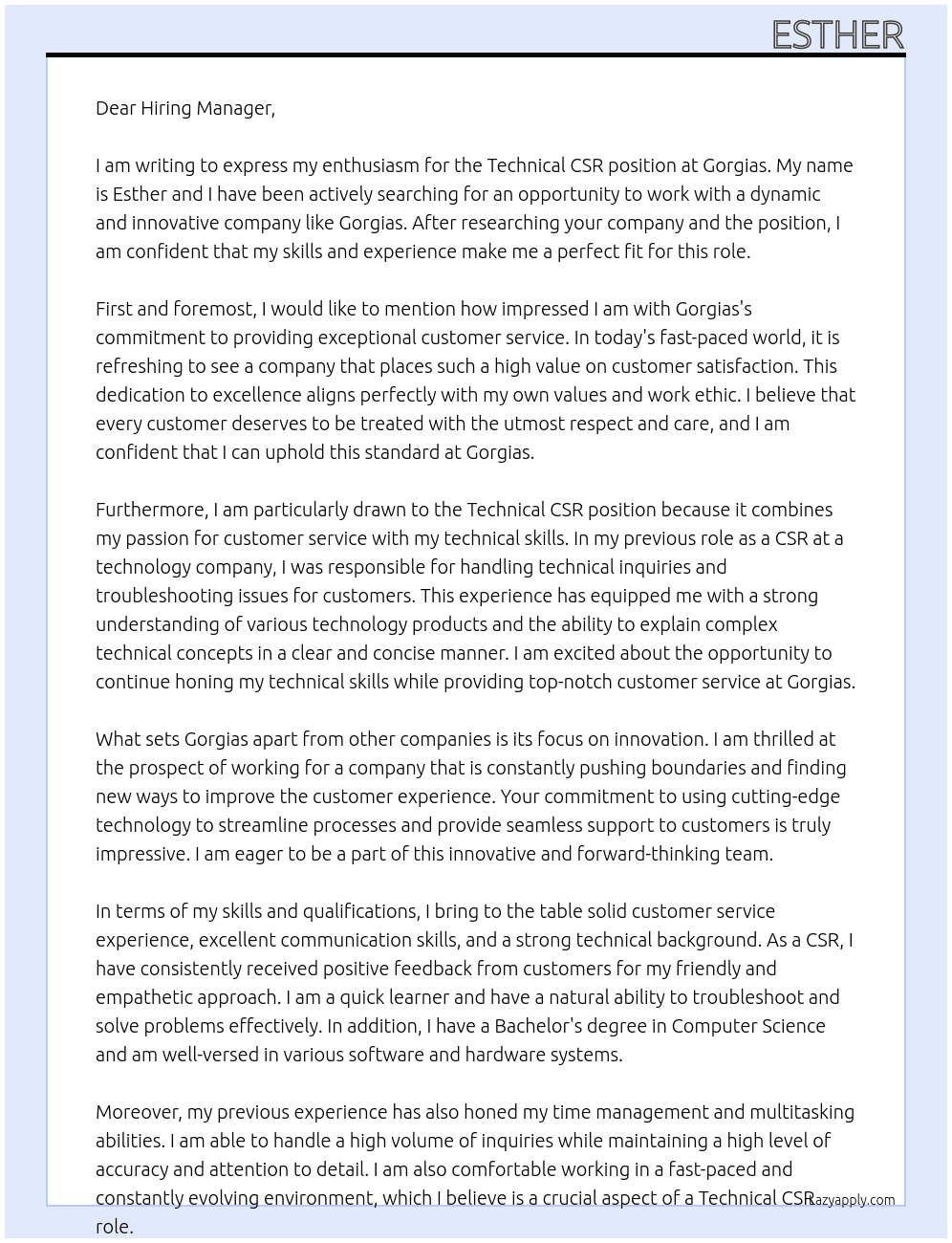 Technical CSR At Gorgias Cover Letter