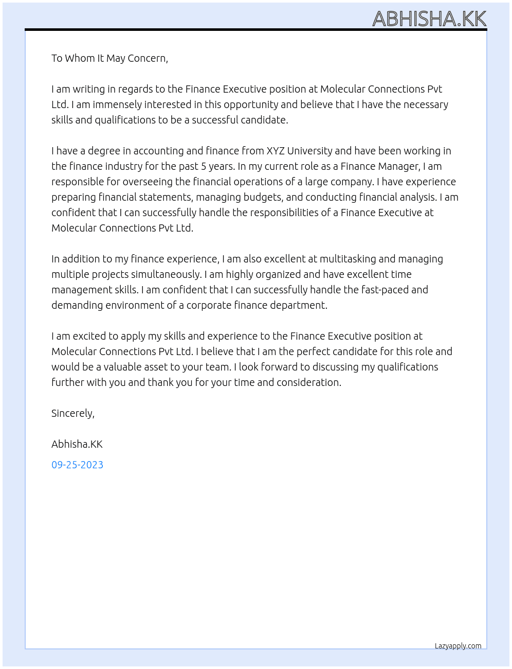 Finance Executive At Molecular Connections Pvt Ltd Cover Letter
