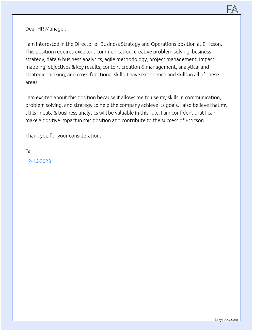 Director of Business Strategy and Operations At Erricson Cover Letter