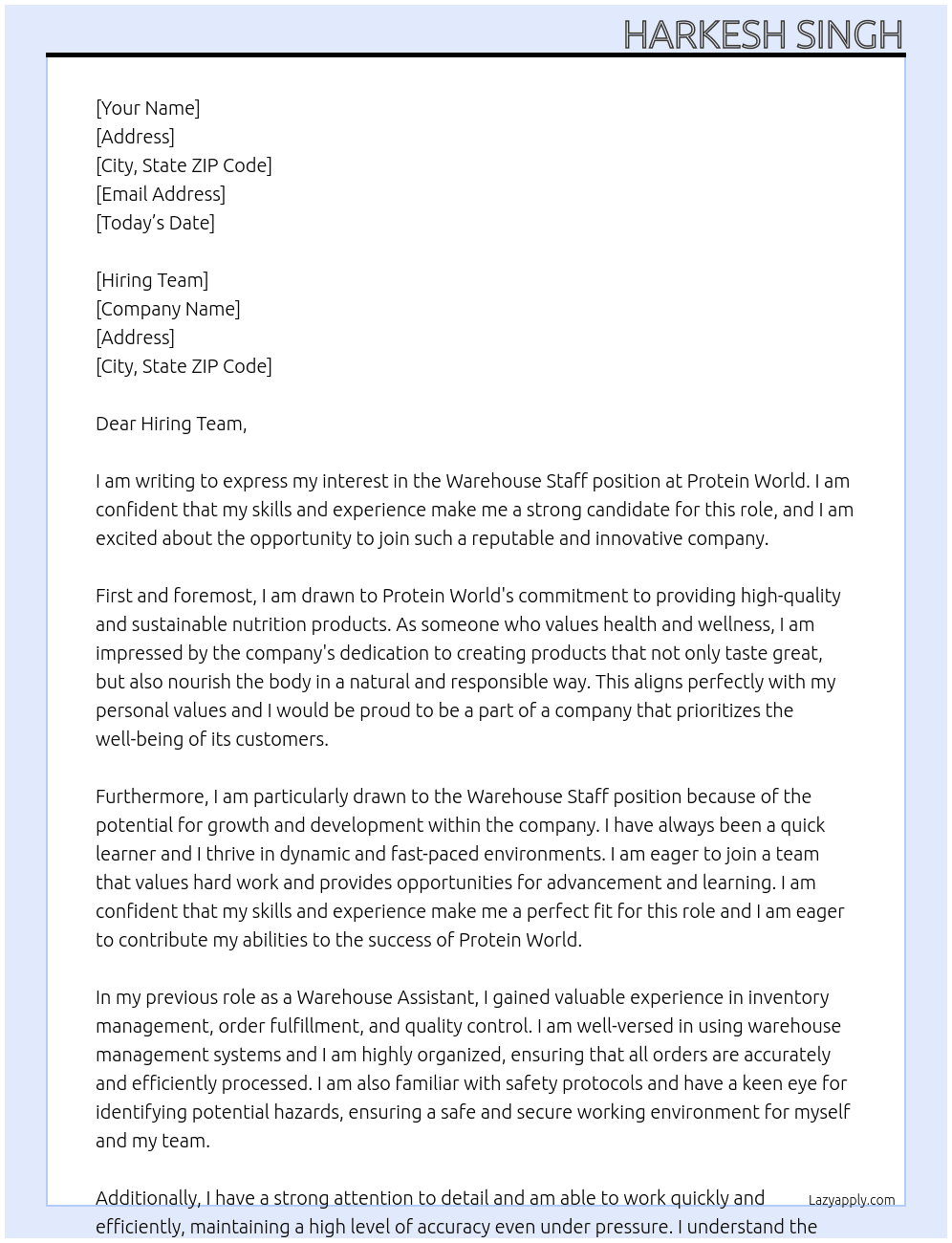 Warehouse Staff At Protein World Cover Letter