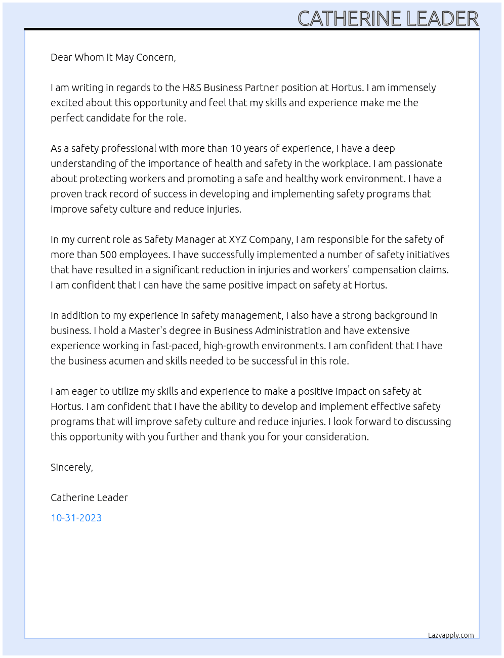 H&S Business Partner  At Hortus Cover Letter