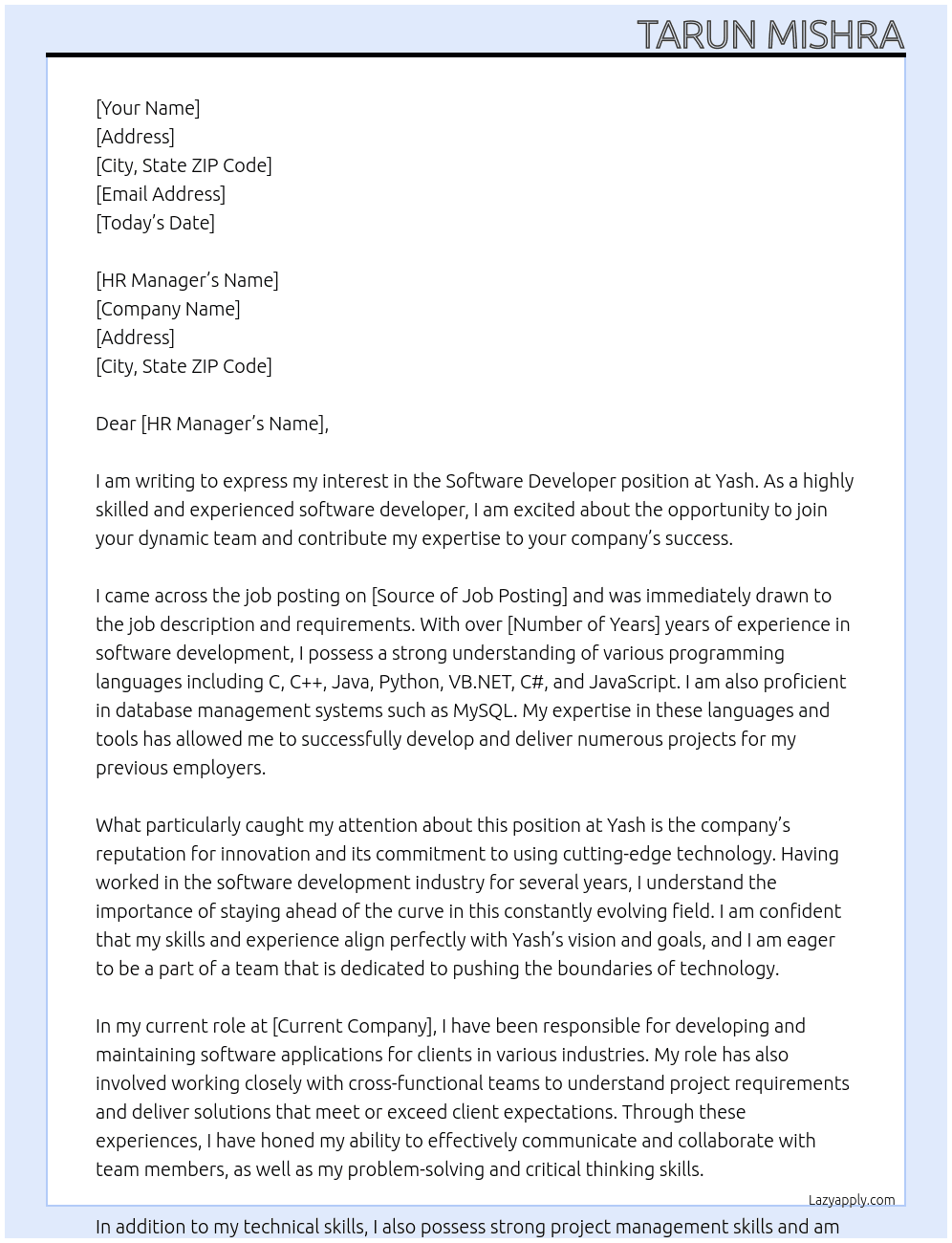 Software Developer At Yash Cover Letter