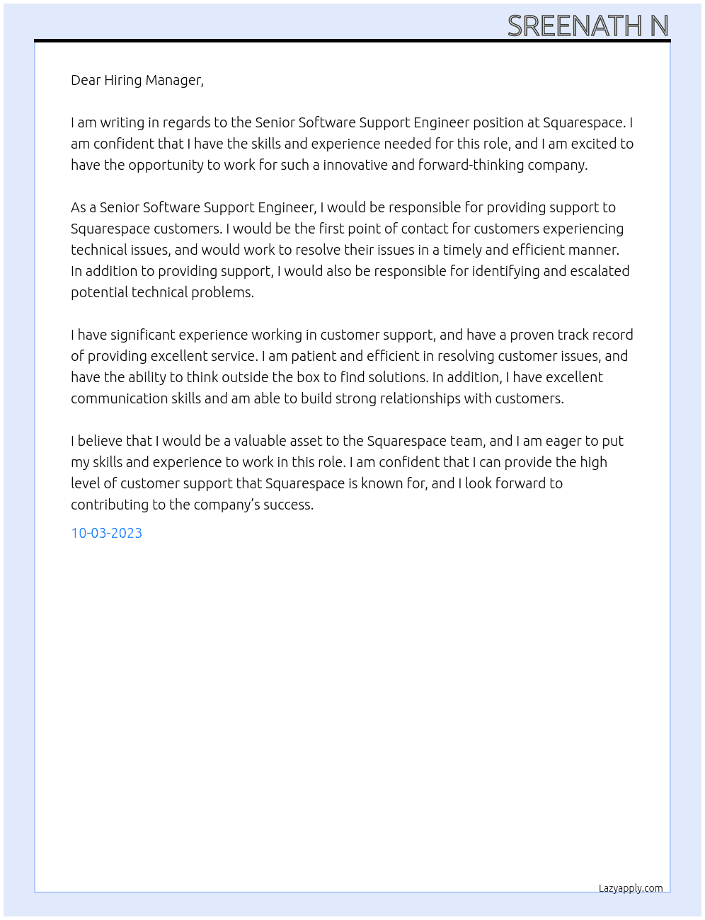 Senior Software Support Engineer At Squarespace Cover Letter