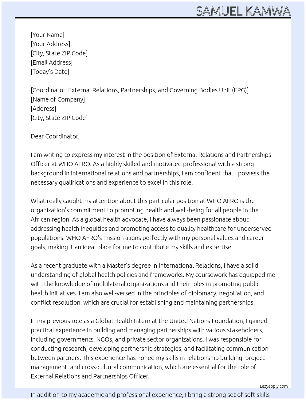 External Relations and Partnerships Officer At WHO AFRO Cover Letter