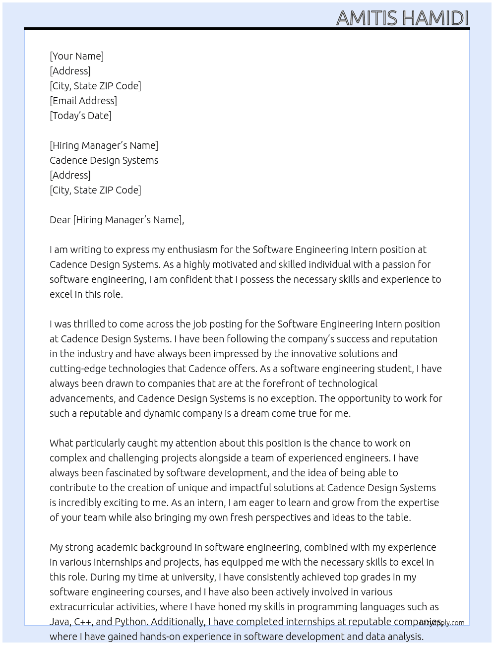 Software Engineering Intern At cadence design systems Cover Letter