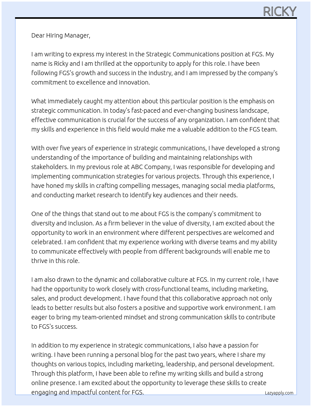 Strategic Communications At FGS Cover Letter