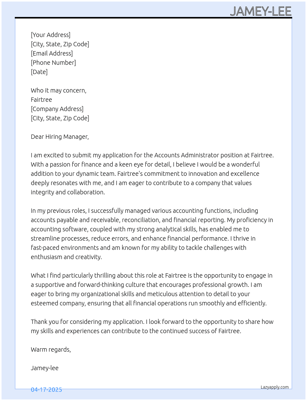 Accounts Administrator At Fairtree Cover Letter