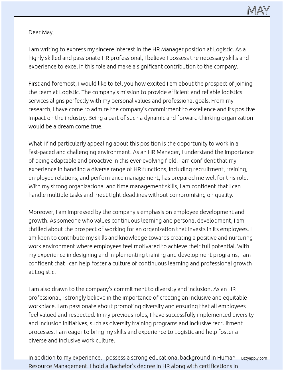 HR Manager At logistic Cover Letter