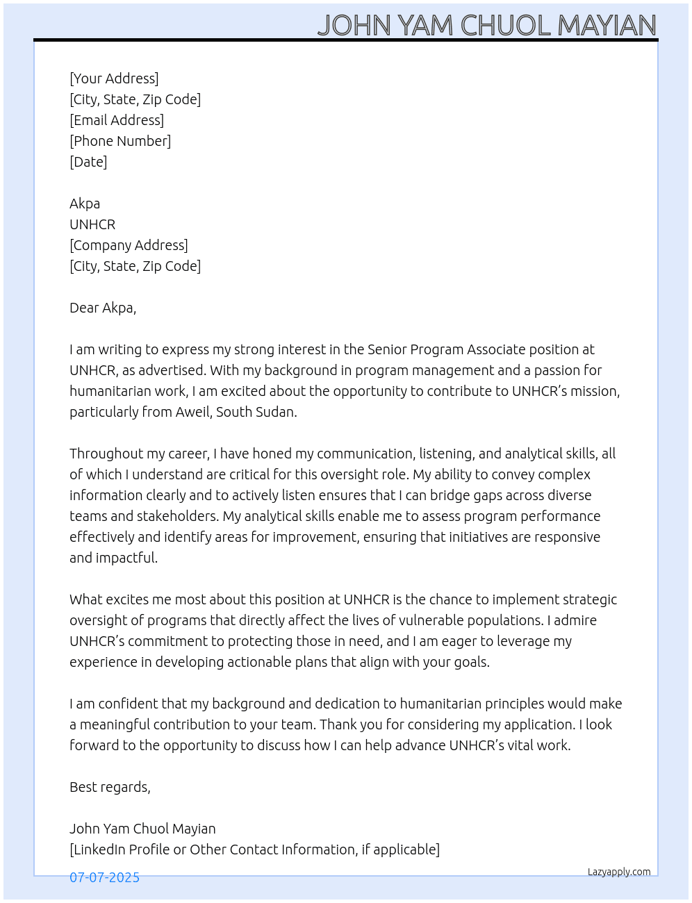 Senior Program Associate At UNHCR Cover Letter