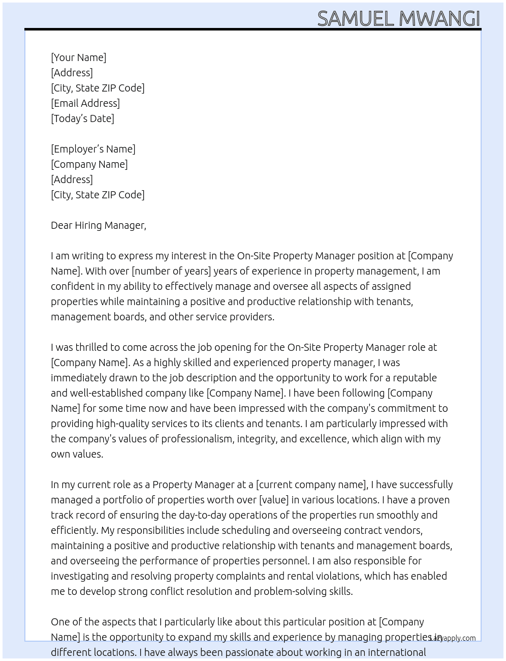 On-Site Property Manager  At turkey-based Cover Letter