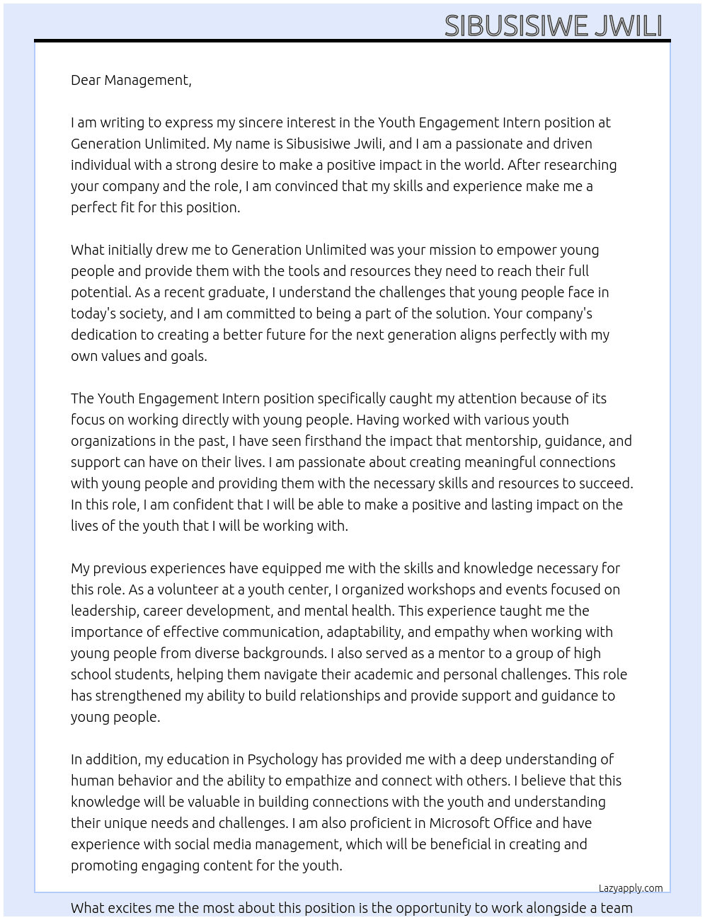 Youth engagement Intern At Generation Unlimited  Cover Letter